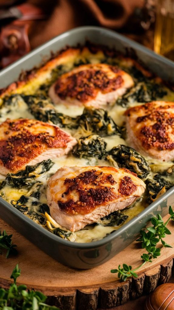 Keto low carb Healthy Spinach Artichoke Chicken Bake Recipe