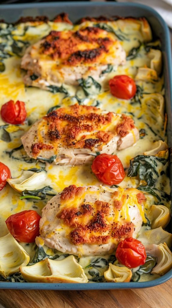 Keto low carb Healthy Spinach Artichoke Chicken Bake Recipe