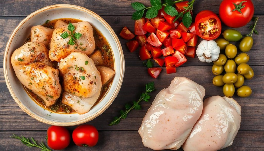 preparation steps for marinating chicken and vegetable preparation