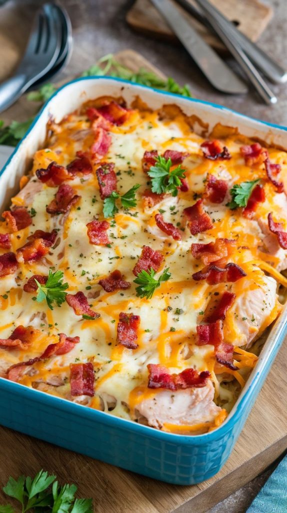 Keto low carb Chicken Bacon Ranch Casserole Recipe